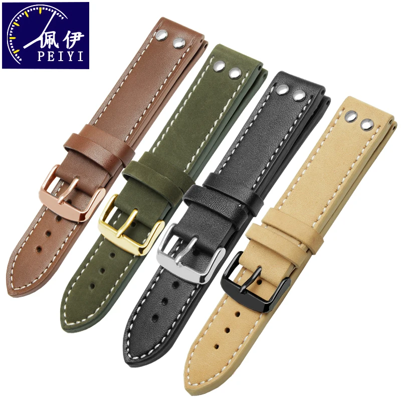 PEIYI кожаный ремешок для часов 20 мм 22 Однорядный черного цвета хаки армейский