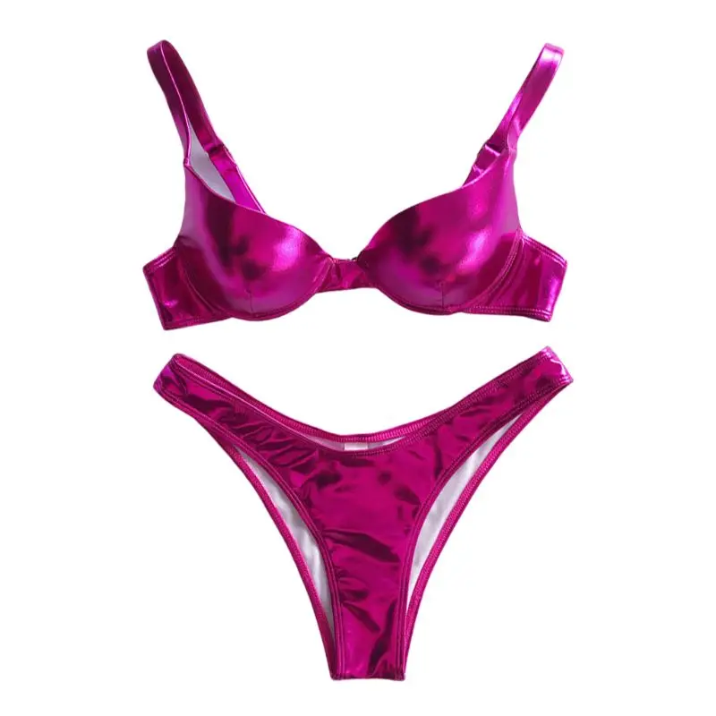 

Women Sexy Bikini Reflective Shiny Metallic Swimsuit Push Up Underwire Beachwear Drop Shipping