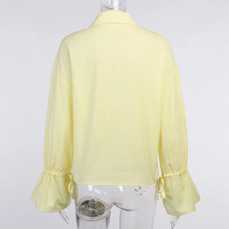 

Women Casual Cotton Linen Lace-up Flare Sleeve Blouses Spring Summer Buttons Lapel Street Fashion OL Shirts Tops