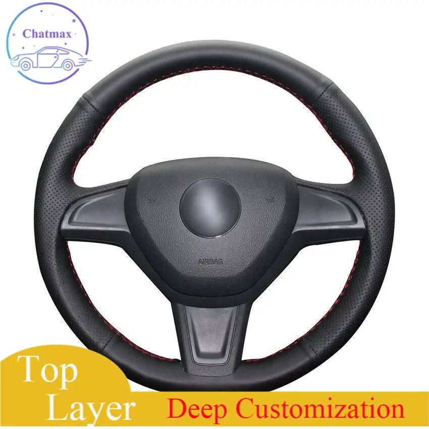 

For Skoda Yeti 2014 Car hand-sewn steering wheel cover black artificial leather anti-slip all season comfortable touch