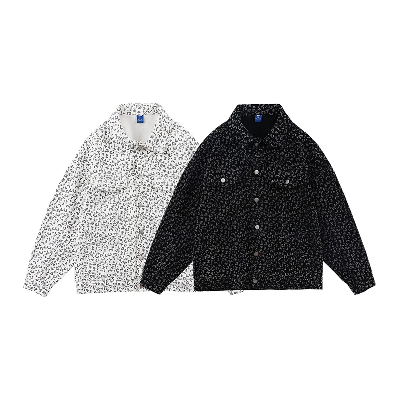 

Retro Leopard Colot Match Pockets Mens Jeans Jackets Hip Hop Lapel Washed Vibe Style Casual Denim Coat Loose Couple Clothes
