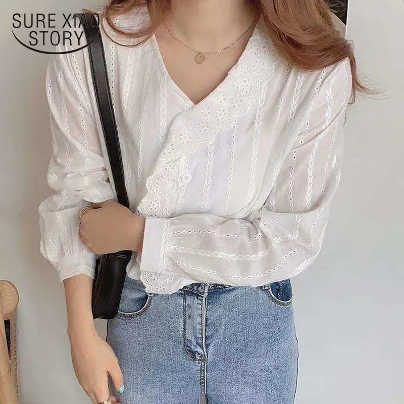 2021 Korean Style Solid Cotton Simple Womens Tops and Blouses Sweet Ruffled V-neck Long Sleeve Shirt Women White 8561 |