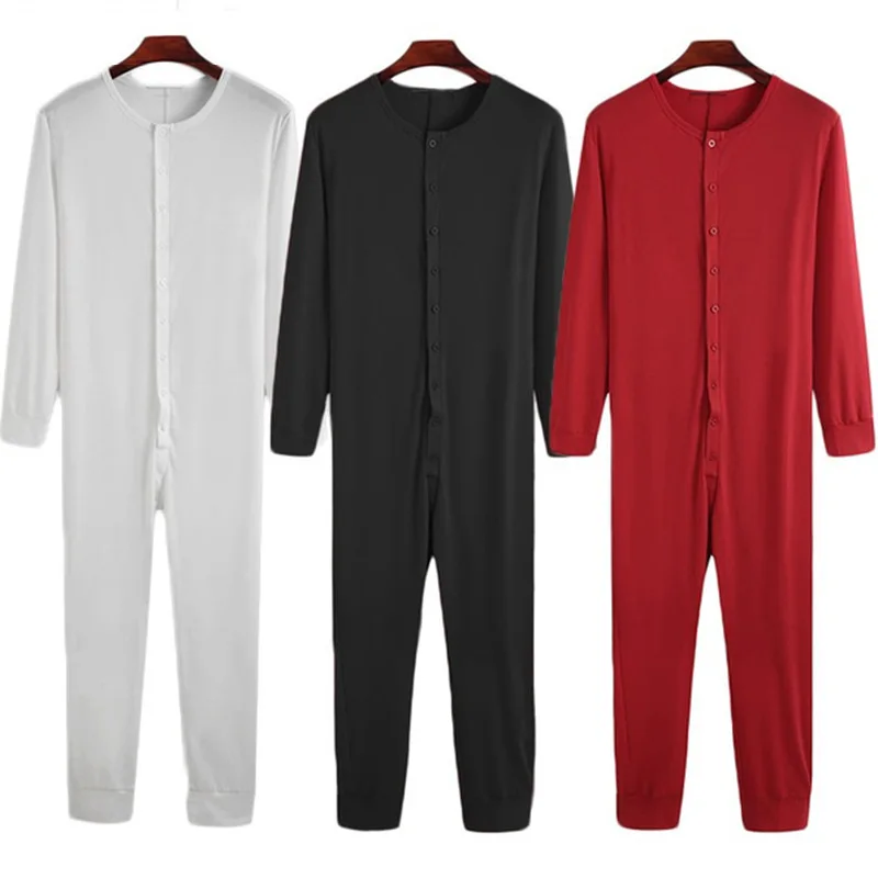 2022 Men Pajamas Jumpsuit Solid Color Comfort Button Onesies Homewear Long Sleeve Leisure Sleepwear Men Rompers Nightwear