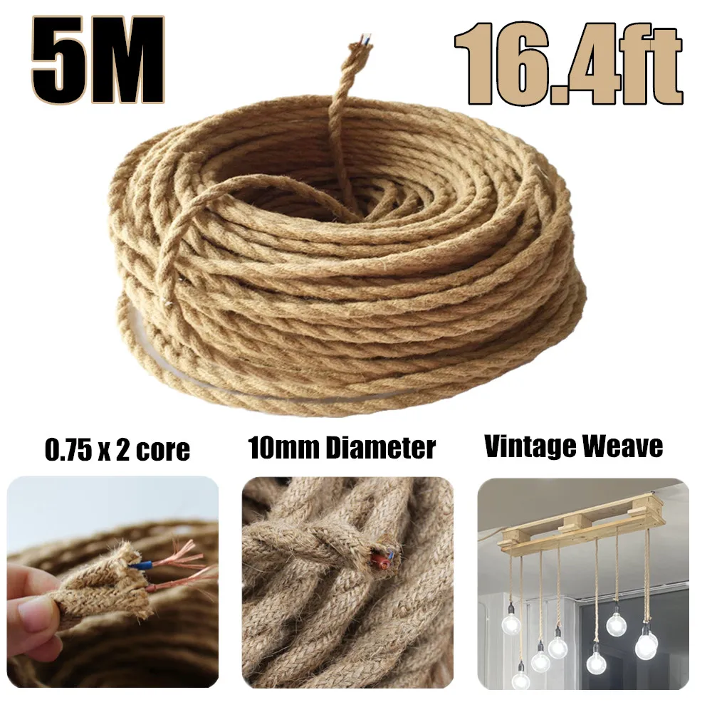 

5M 16.4ft 196inch Copper 2 core x 0.75 Vintage Electrical Wire Wires Hemp Rope Woven Textile Twisted Cable Braided Light Line