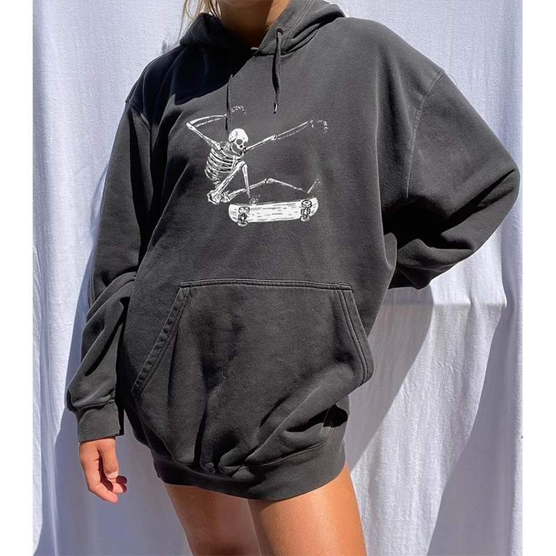 

Halloween Skull Cartoons Print Fashion Sweatshirt Women Autumn Loose Oversized Hoodie Drop-shoulder Casual Girl Sport Plus Size
