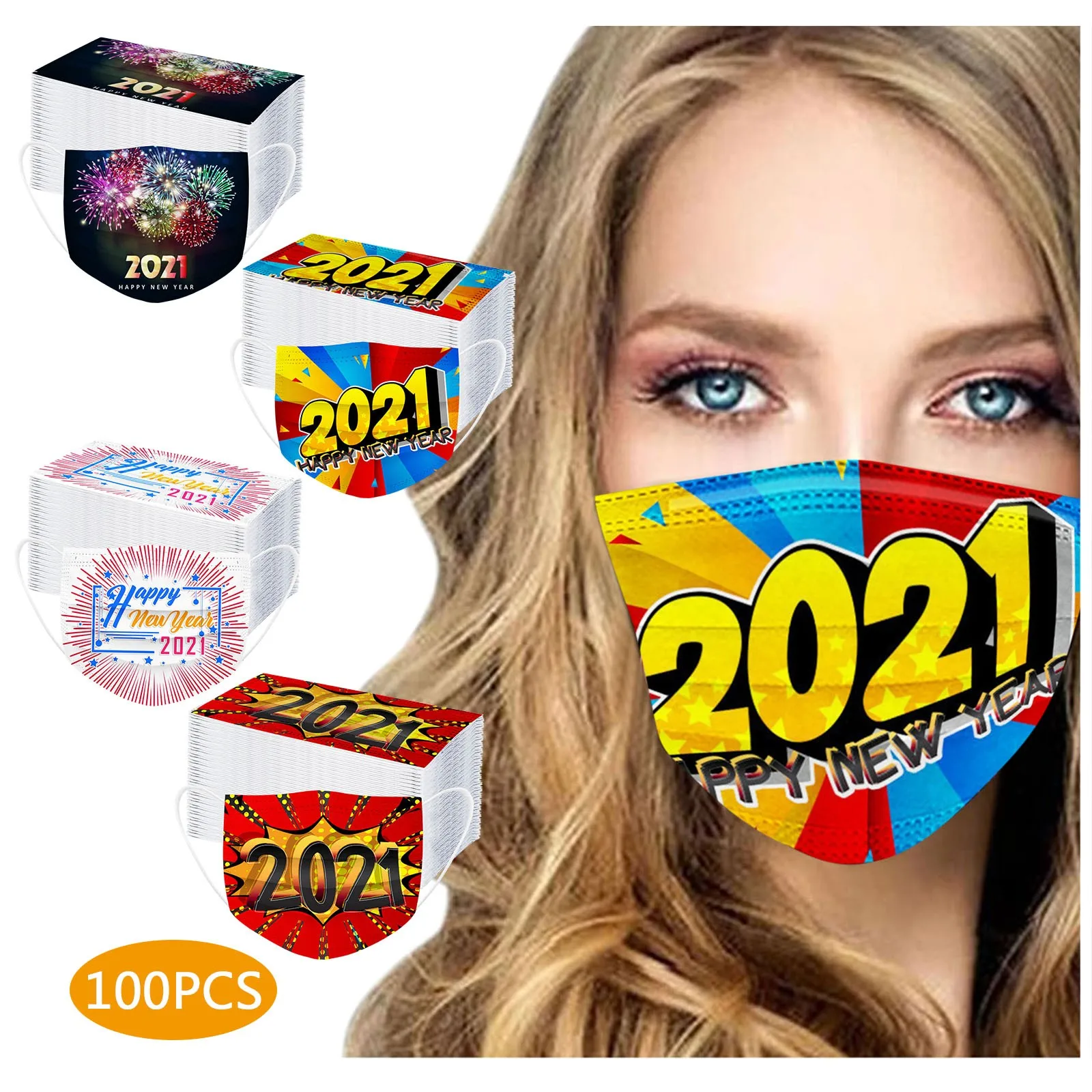 

100PC masque 2021 Happy New Years Disposable Face Mask Christmas Party Gift Mask 3Ply Earloop Filters Boe narodzenie