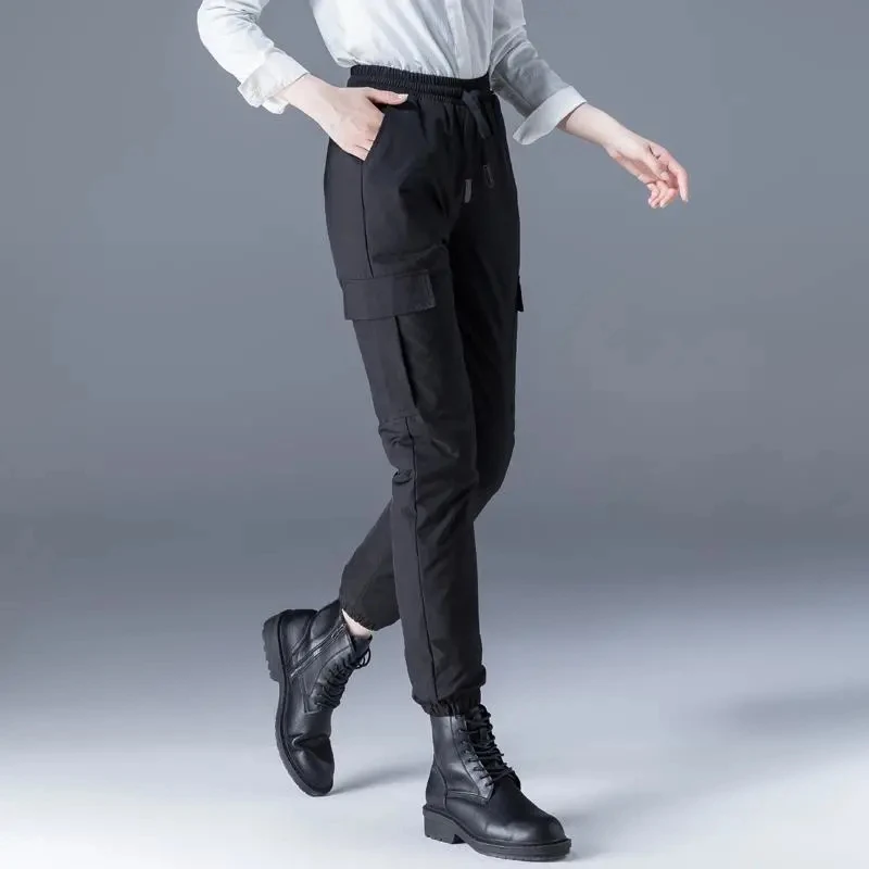 

Fashion Warm Cargo Down Cotton Pants For Women 2021 New High Waist Drawstring Bloomers Winter Outdoor Thicken Warm Slim Trousers