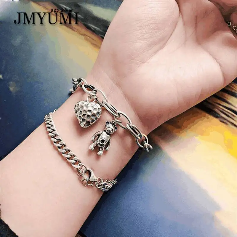 JMYUMI 925 Sterling Silver Thick Snake Chain Bracelets for Women Trendy Vintage Thai Silver Bear LOVE Heart Party Jewelry Gifts JMYUMI 925 Sterling Silver Thick Snake Chain Bracelets for Women Trendy Vintage Thai Silver Bear LOVE Heart Party Jewelry Gifts