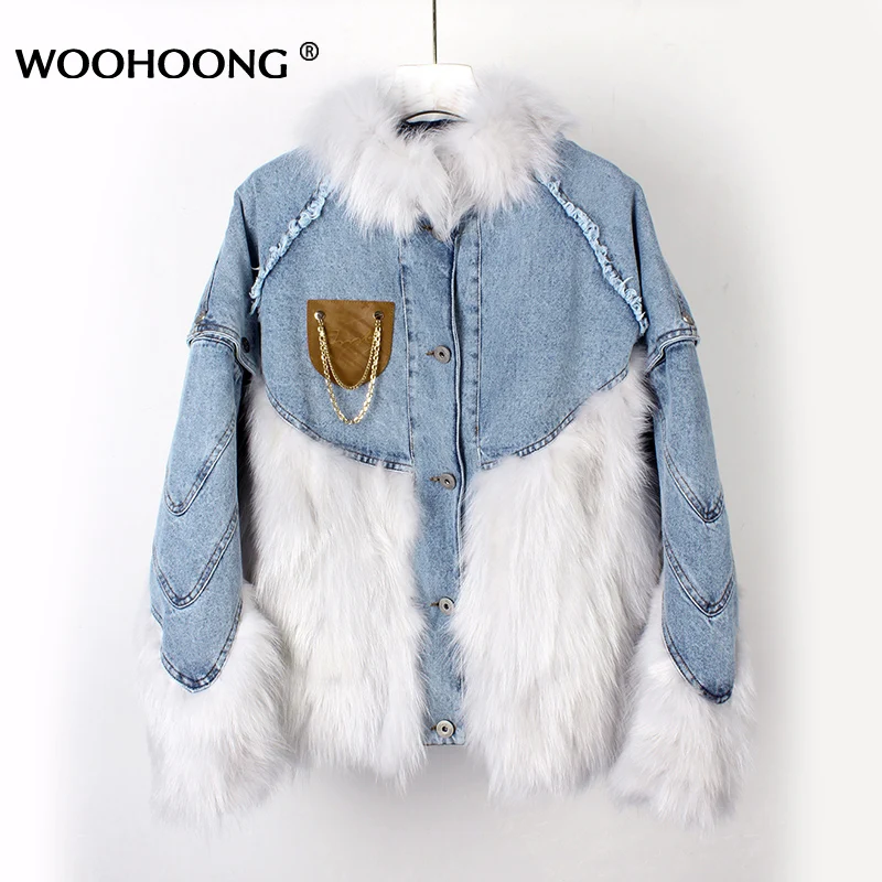 

New Real Fur Coat Natural Raccoon Jacket Denim Vest Bat Sleeves Detachable Down Liner Women's Warmth Tooling Style Ladies