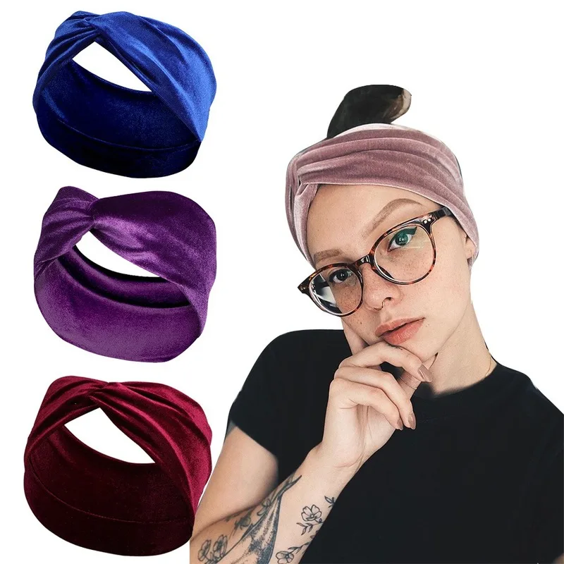 

Gold Velvet Headband Bright Solid Color Versatile Cross Knot Bow Headwear Hair Accessories for Women Wide Hairband Lady Turban