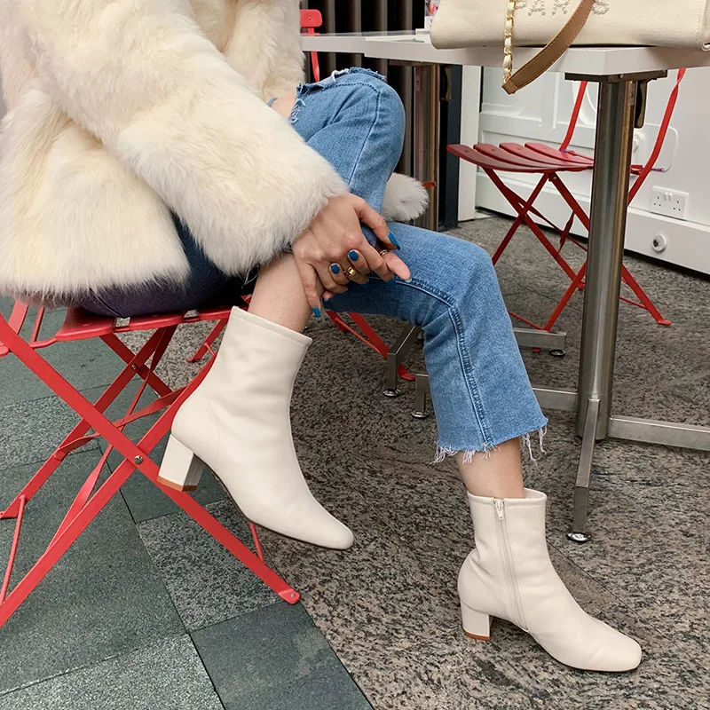 

FEDONAS INS Hot 2021 Fall Beige Shoes For Women Winter Newest Genuine Leather Zipper Women Boots Warm Ankle Boots Wedding Pumps