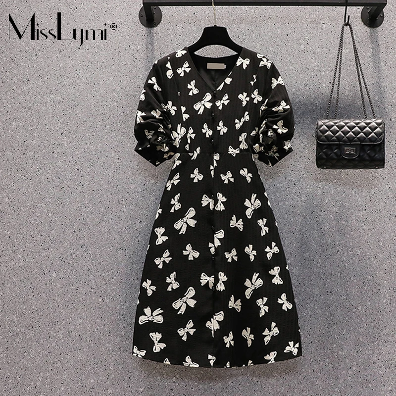 

4XL Plus Size Women Bow Print Puff Sleeve Black Ruched Dress 2021 Summer V-neck A-line Flower Vintage Midi Dress Ladies Vestidos