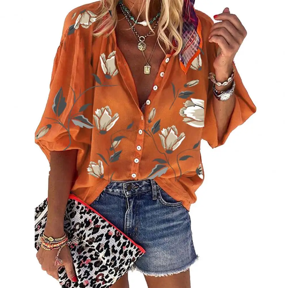 

Women Shirt Flower Print Stand Collar Casual Long Sleeve Loose Blouse for Party Shirt Blouses Ladies Clothing 2021
