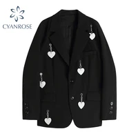 fashion black blazer coat for women autumn 2021 notched neck streetwear loose harajuku loose long sleeve y2k jackets coat female