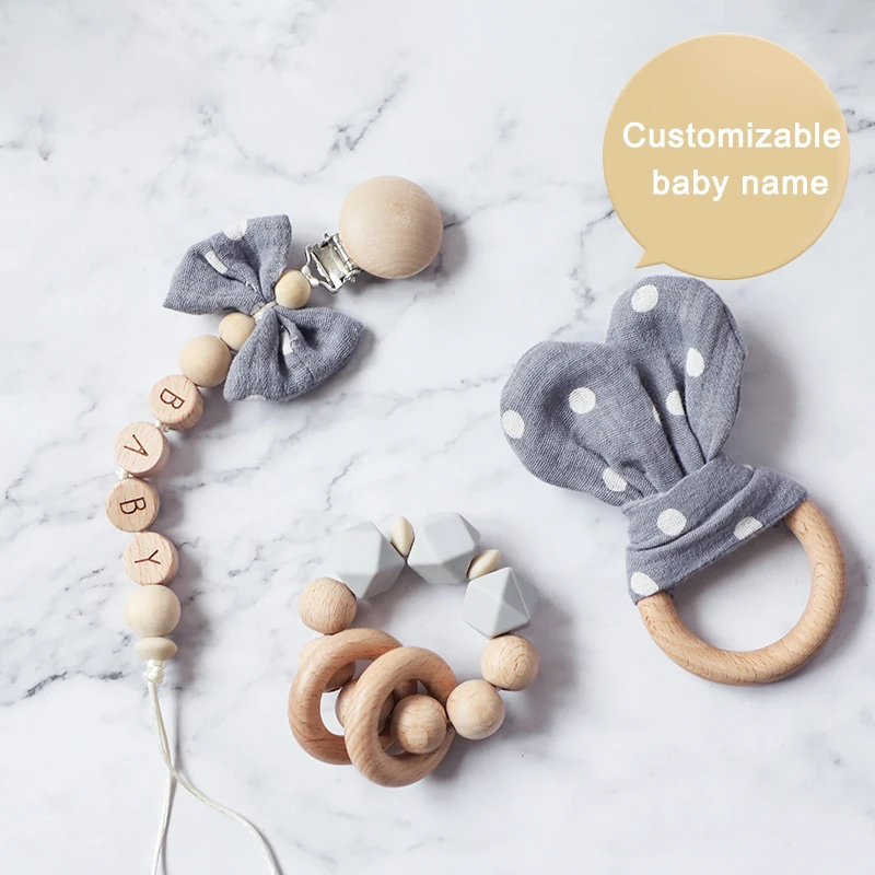 1pc Baby Rattles Wooden Ring Bed Toys Teether Pacifier Clips Chain Name Silicone Pacifier Chain Bunny Ear For Infant Feeding