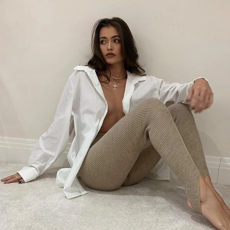 

Knitted Solid Leggings Women High Waist Cotton Sportswear Workout Stacked Leggings 2021 New Style Sweatpants Hot Pants