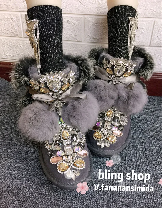 Original homemade European station heavy work sequins rhinestone beaded leather hair one leather thick snow boots
