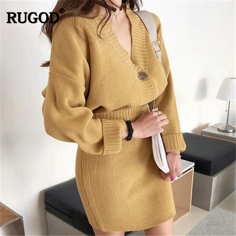 Женский вязаный костюм RUGOD Однотонный свитер с длинным рукавом и v-образным