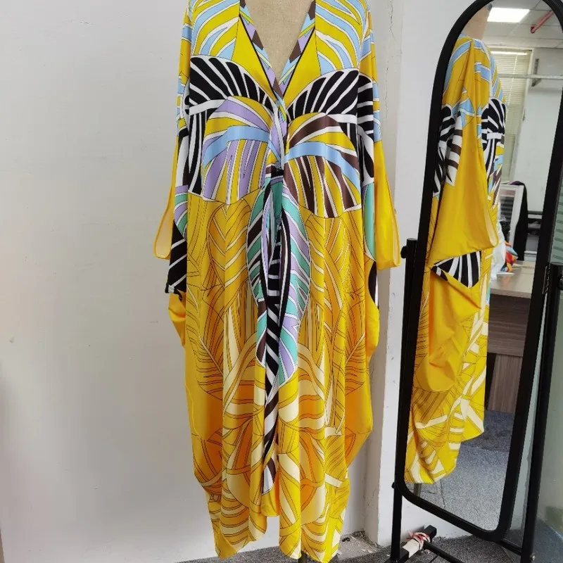 yellow leaves floral chiffon cross border maxi dress women robe 20 summer long casual beach sexy loose dresses plus size v neck