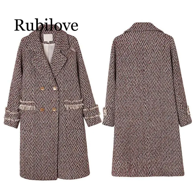 

Women Houndstooth Long Wool Blend Korean Lady Autumn Winter Long Woollen Coat Casual Female Tassel Oversize Coat Office