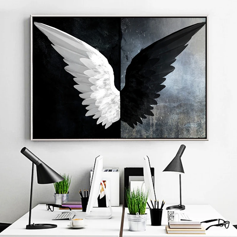 Черно белая мощная Картина на холсте с крыльями пера скандинавские постеры и