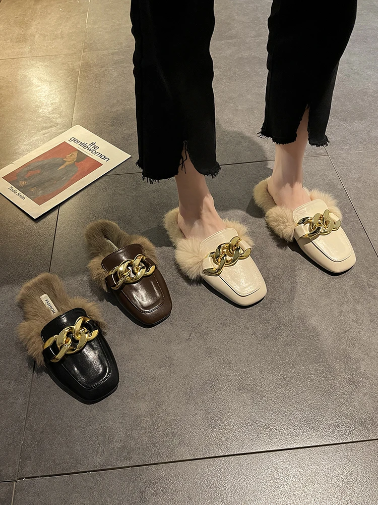 

LazySeal Winter Real Fur Metal Chain Mules Women Shoes Loafers Round Toe Casual Shoes Women Furry Slides Fluffy Hairy Flip Flops