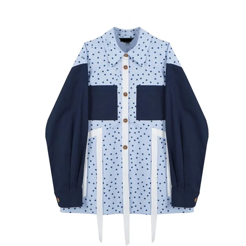 

XITAO Stitching Color Blouse Tassel Wave Point Fashion New Women Full Sleeve Pocket Single Breast 2021 Spring Autumn ZY4559