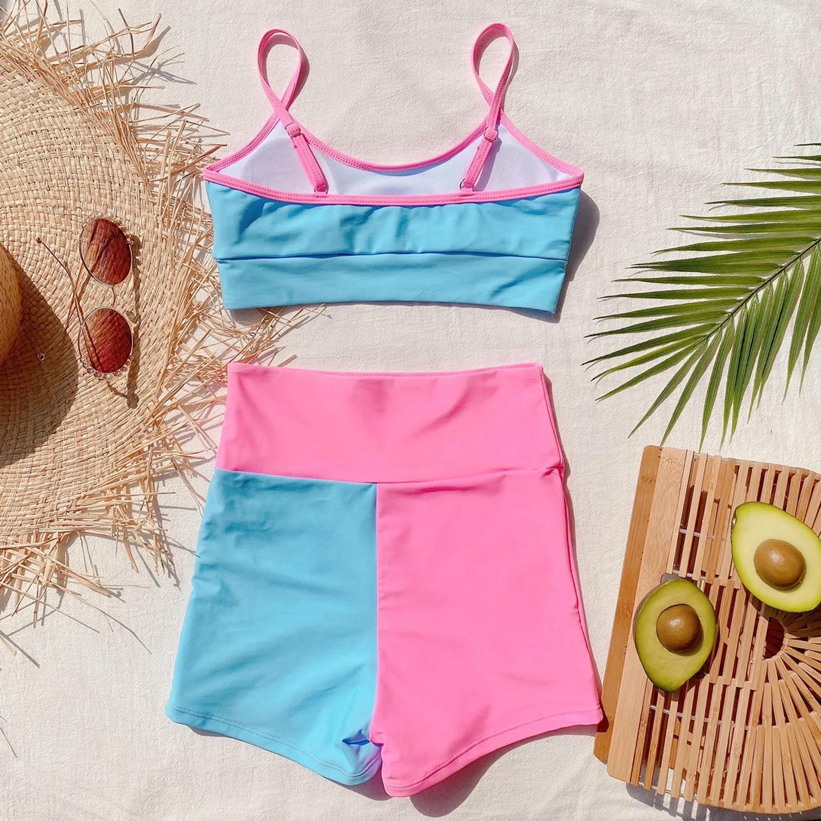 

Fast Deliver Women Contrasting Color Square Print Sling Off Waist Split Swimsuit Traje de bao bikini de playa para mujer