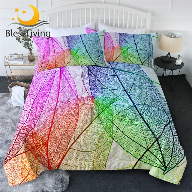 BlessLiving Leaf Quilt Set Plant Thin Comforter Transparent Texture Summer Bedding Colorful Air-conditioning Duvet Cover Set 1