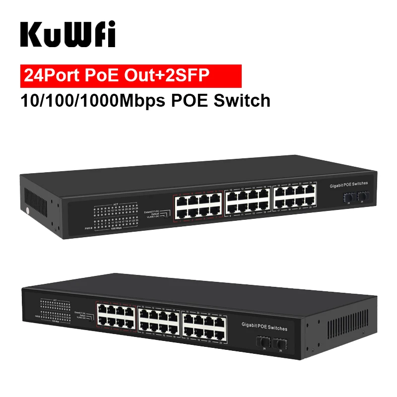 KuWFi гигабитный POE коммутатор 4/8/16/24 порты 10/100/1000 Мбит/с IEEE802.3AF/AT Стандартный RJ45
