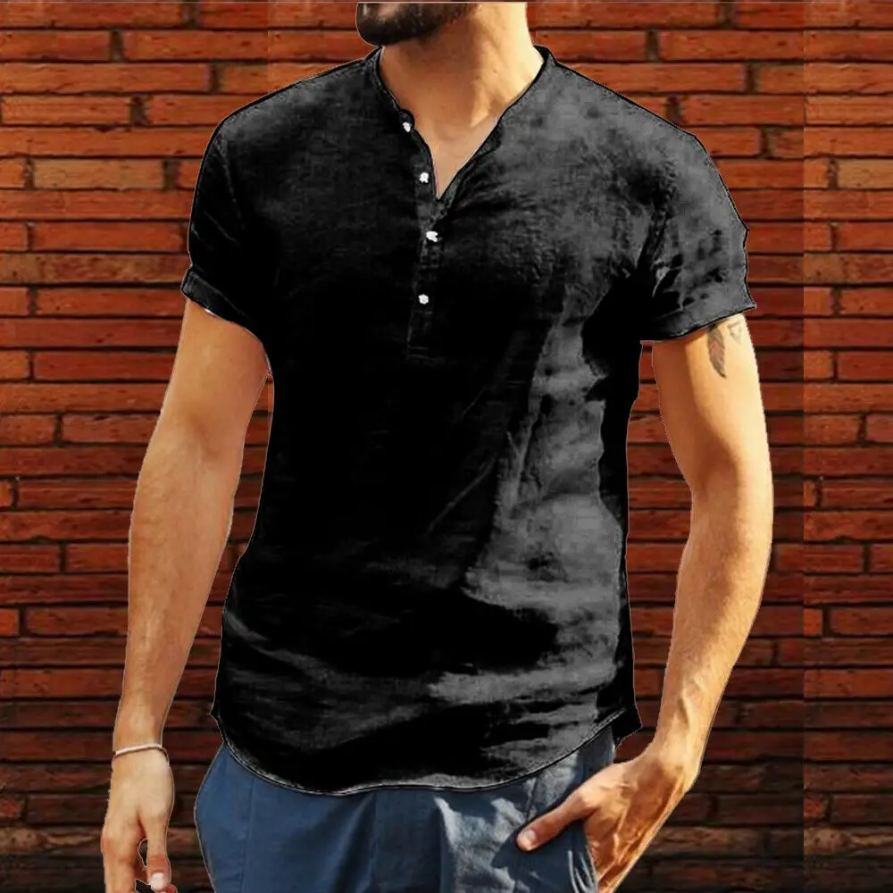 

UK Men's Linen Short Sleeve Summer Solid Shirts Casual Loose Dress Soft Tops Tee
