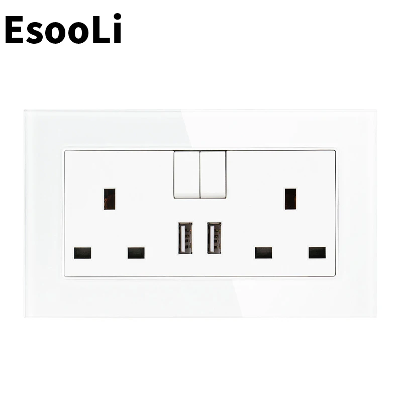 

Esooli Glass Panel 13A Double UK Standard Outlet Switched With 2.1A Dual USB Charger Port Fast Charger Ports Plug wall socket