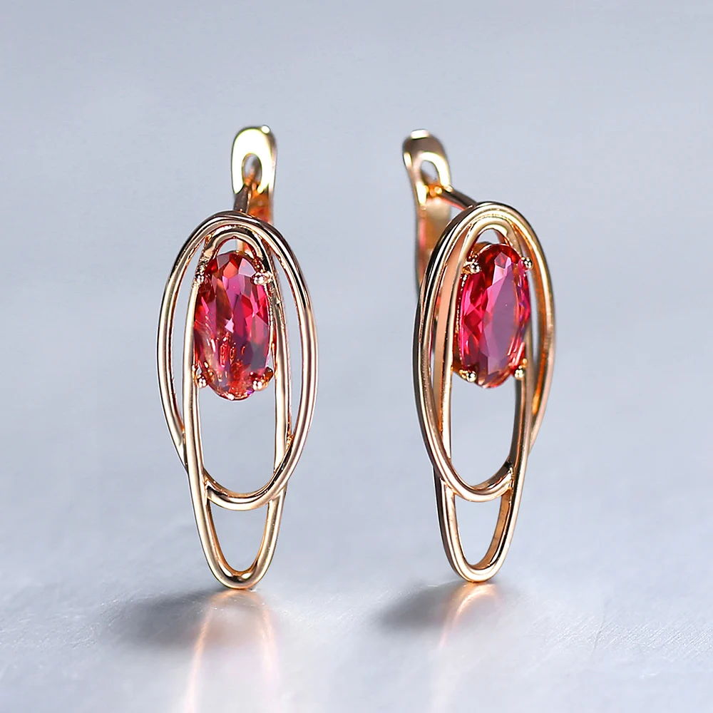

585 Rose Gold Color Geometry Double Oval Red Stone Drop Dangle Earrings for Women Girls Wedding Jewelry GE349