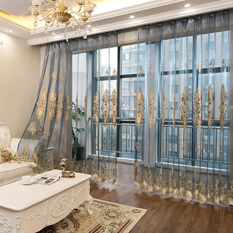 Северороскошные европейские Синие тюлевые шторы с геометрической вышивкой для