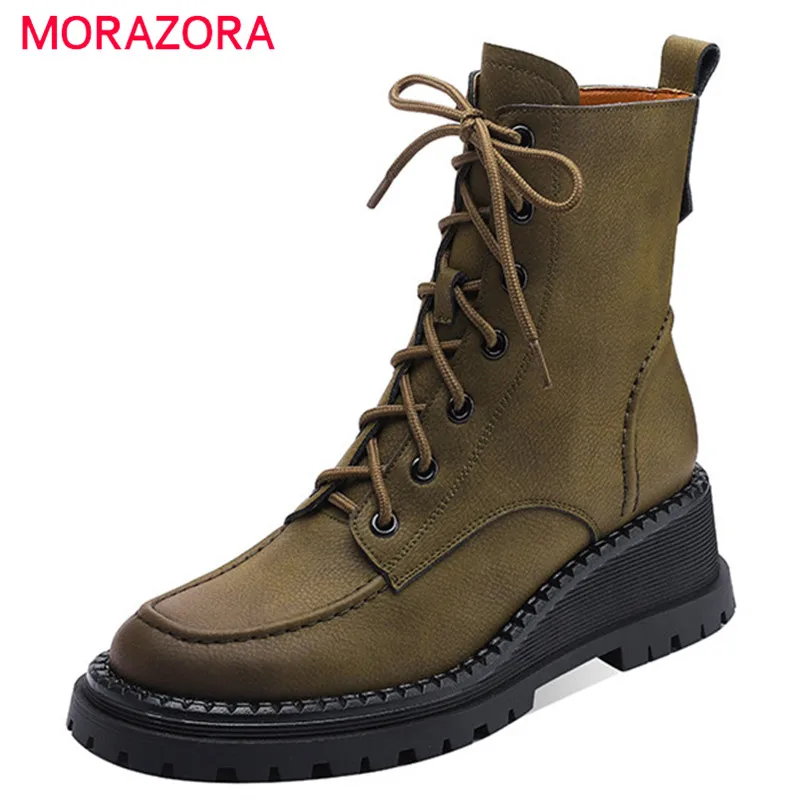 

MORAZORA 2022 Hot Sale Genuine Leather Shoes Women Ankle Boots Vintage Round Toe Lace Up Zip Autumn Winter Wedges Shoes Ladies