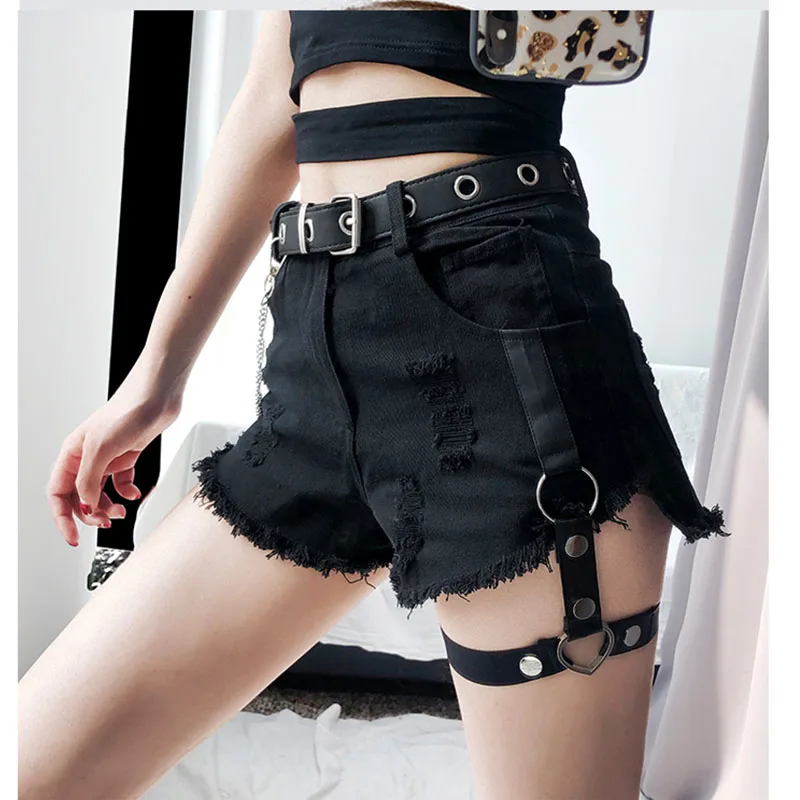 

Summer Hot Denim Shorts for Women Sexy Rivet Ring Harness Band Casual Jeans Shorts High Waist Worn-out Hole Black Shorts Lady