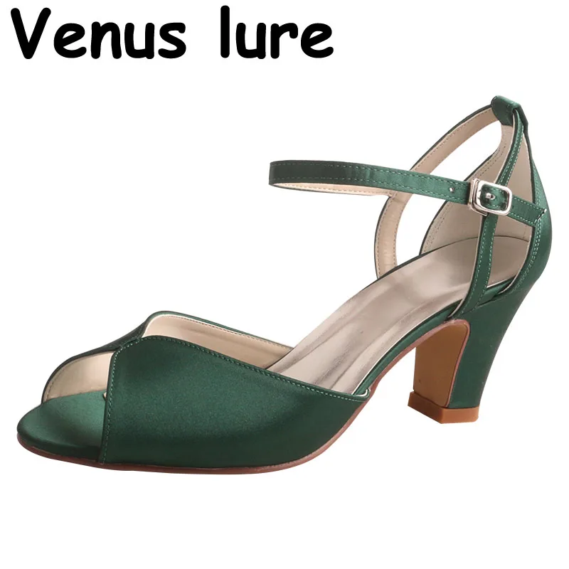(23 Colors) Chunky Heel Peep Toe Wedding Shoes for Bride Emerald Green