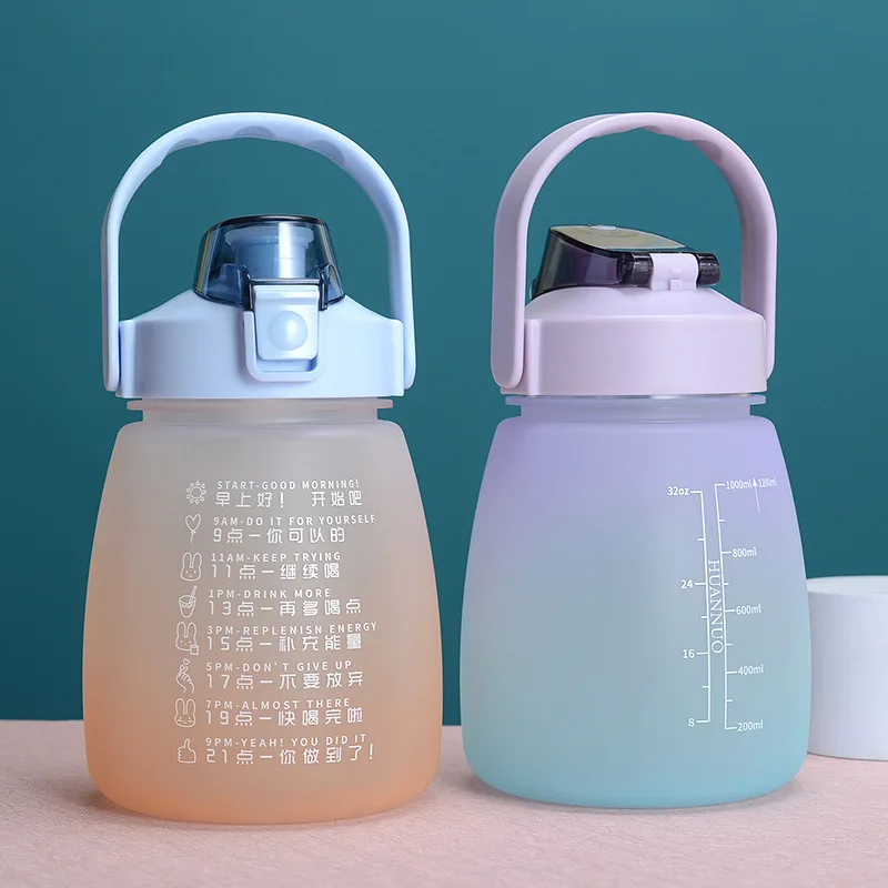 

Cute Girls Water Bottle with Stickers Straw Big Belly Cup 1100ml Sports Bottle for Water Jug Children Female Kettle with Strap
