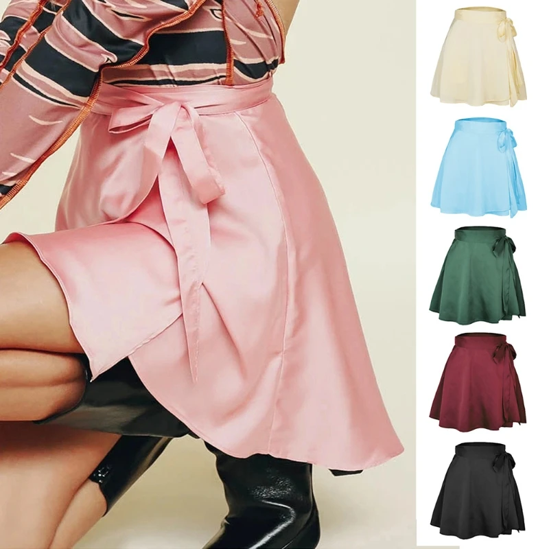 

Women High Waist Chiffon Satin Wrap Pleated Mini Skirt Tie Side Solid Color Flared Asymmetrical Hem A-Line Streetwear
