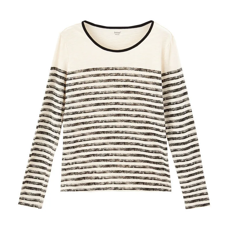 

INMAN Spring Autumn Vintage Women Print Retro Contrast Color Stripe Long Sleeve Cotton Base Top Round Collar Female T-shirt