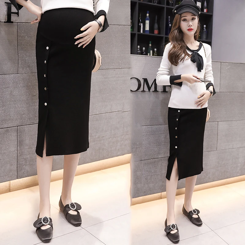 2019 осенние модные юбки для беременных талии живота эластичная длинные сторона