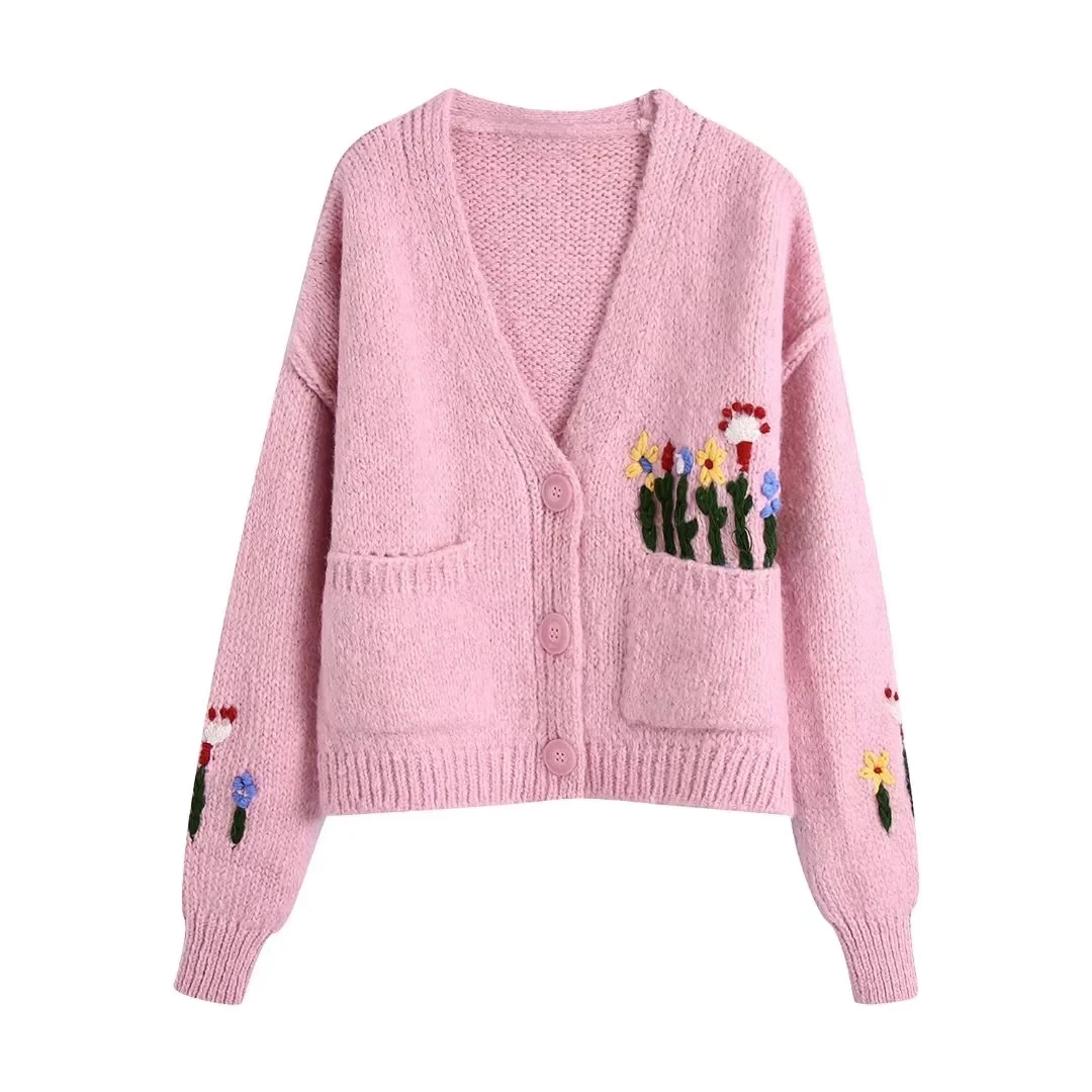 

Xitimeao New Women Flower Embroidery Button Solid Knitted Cardigan Sweater Slim Fit V-Neck Long Sleeve Ladies Fashion Autumn