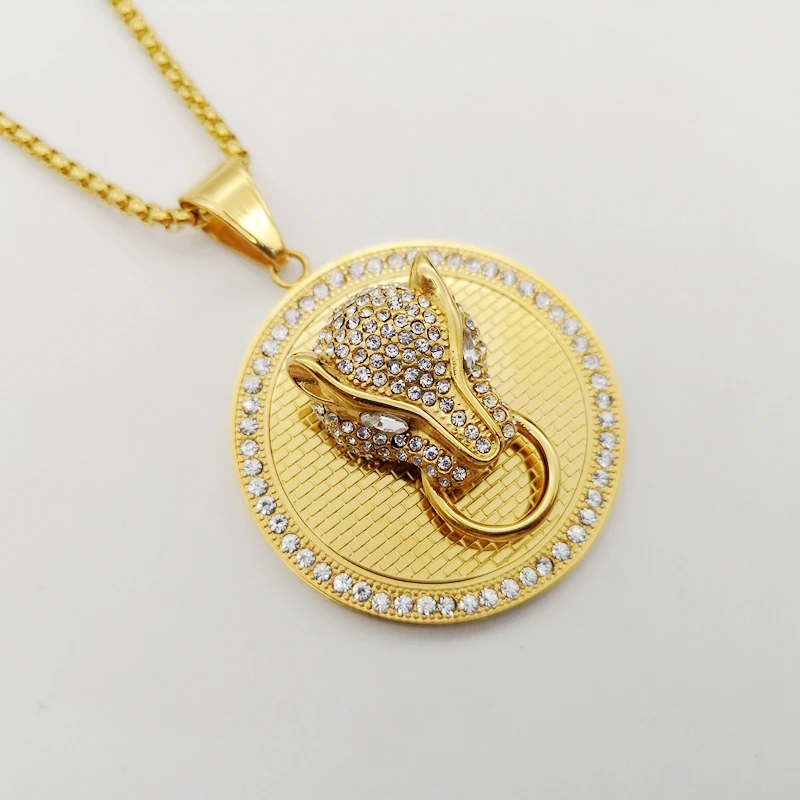 Прохладный Bling Полный Стразы подвеска в форме головы леопарда ожерелье Золото