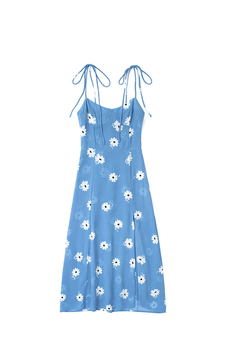 

Summer French Daisy Print Suspender Dress with White and Thin Appearance