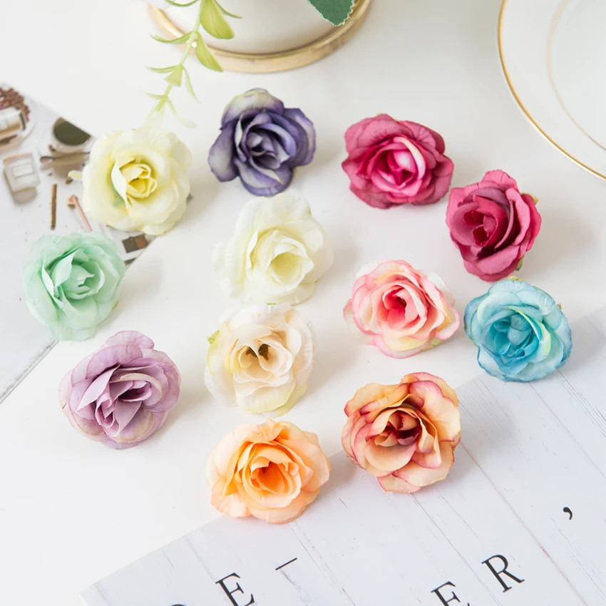 

50Pcs Silk Roses Head for Wedding Decoration Home Accessories Christmas Garland Diy Brooch Scrapbooking Cheap Artificial Flowers