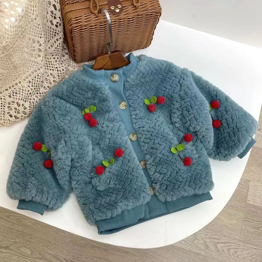 

2022 Winter New Korean Girl Jackets Full of Cherry Fur and Cotton Thickened Jacket Toddler Girl Winter Coats Kids Warm Wool Coat