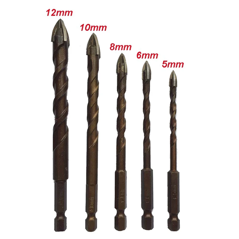 

5Pcs Drill Bit Set Tile Drill Bit Tungsten Carbide Tip & 5Pcs Cross Hex Tile Bits Glass Ceramic Concrete Hole Opener Kit