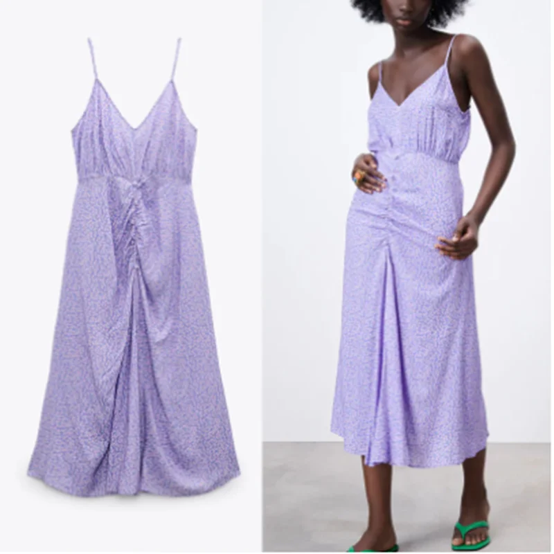 

Za 2021 Draped Print Summer Dress Women Sleeveless Spaghetti Straps Backless Sexy Evening Party Dresses Woman Ruching Long Dress