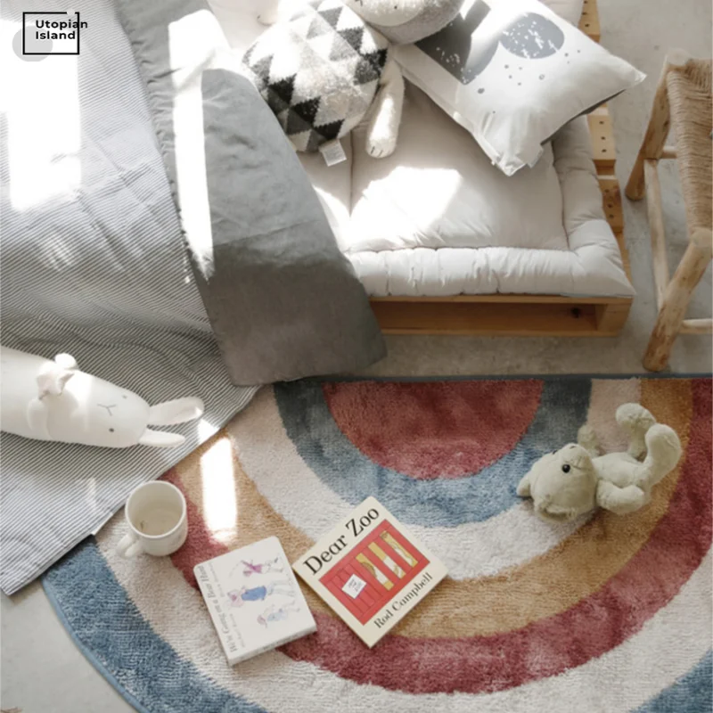 Плюшевый ковер для современной гостиной, детский коврик радуга, пушистая полуокружность красного цвета, меховой коврик для детей.