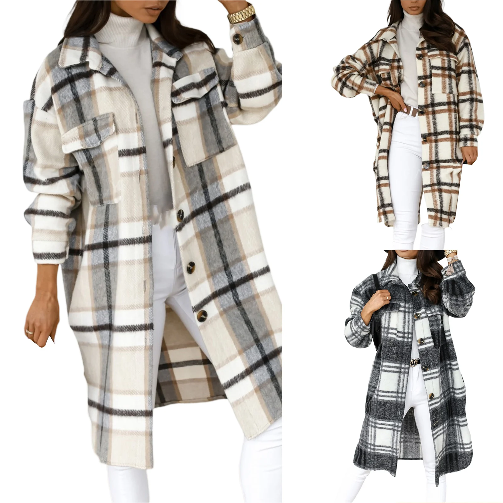 

Женское однобортное пальто, повседневная клетчатая верхняя одежда для взрослых с длинным рукавом, отложным воротником и карманами, зима 2022